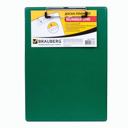 Доска-планшет BRAUBERG с верхним прижимом, А4, 22,8*31,8см, картон/ПВХ, зеленый