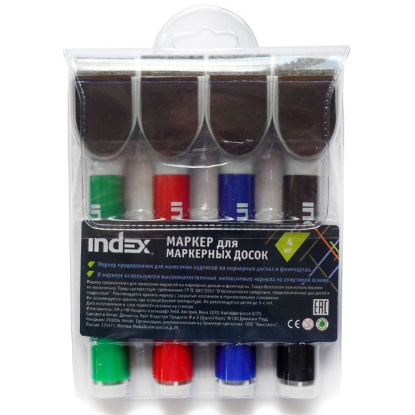 Набор маркеров для доски с губками 4 цв блистер INDEX