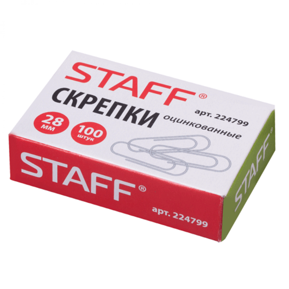 Скрепки STAFF  28 мм, оцинкованные, 100 шт. в карт.коробке